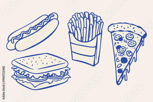 A colorful doodle illustration of classic fast food items