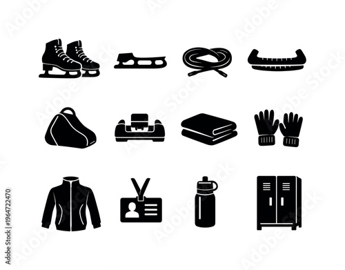 Ice Skating Equipment. Solid icon set of Ice Skating Equipment: figure skates pair, skate blade closeup, boot laces, blade guards, skate bag, sharpening tool,