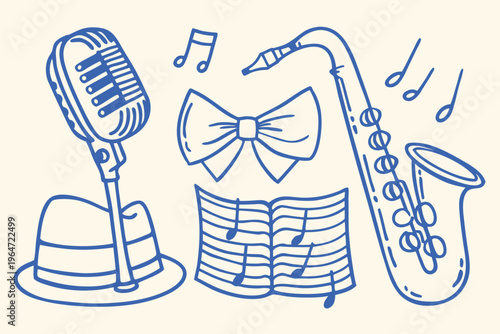 Vintage microphone saxophone and musical notes in a doodle style