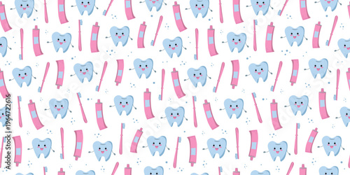 Dentistry, seamless pattern. A healthy, happy tooth with a toothbrush and toothpaste. Oral hygiene, care, and brushing. A happy character taking care of their teeth. Wallpaper, decor in kawaii style.