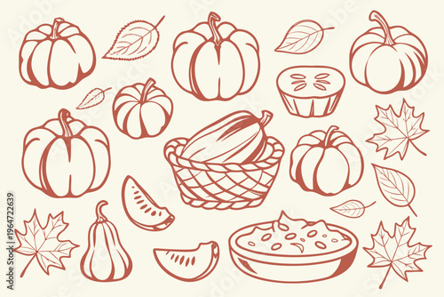 Autumn harvest illustration featuring pumpkins gourds and falling leaves