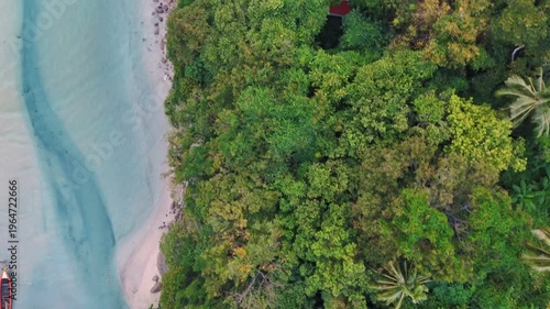 Top down aerial tropical beach and turquoise water in Thailand Southeast Asia