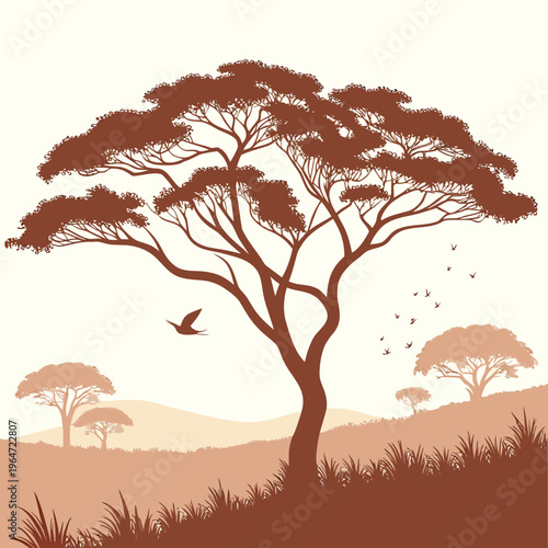 Brown tree silhouette with birds and landscape nature