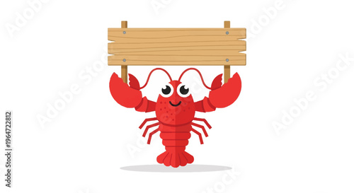 A charming cartoon lobster cheerfully holds an empty wooden sign presented as a striking silhouette high quality professional detailed modern elegant