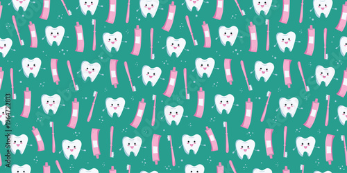 Dentistry. Healthy, happy tooth, seamless pattern. Toothbrush and toothpaste. Hand-drawn tooth. Oral hygiene, care, and brushing. Happy character taking care of teeth, kawaii style.