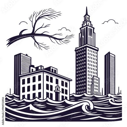 Cityscape flooding with buildings and waves urban