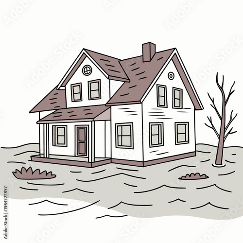 Flooded house with waterlogged yard and leafless tree nearby