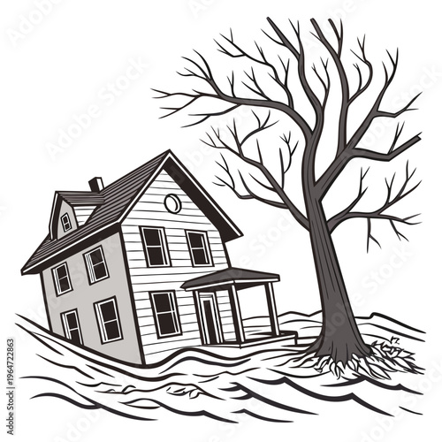 Flooded house with leafless tree and snow disaster