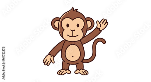 A charming cartoon monkey waves cheerfully depicted in a simple flat design style silhouette high quality professional detailed modern elegant stylish