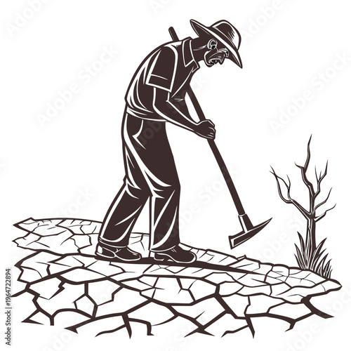 Farmer working on dry cracked earth with hoe and shovel