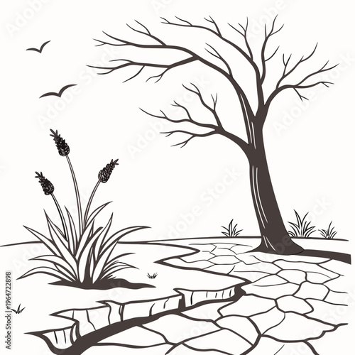 Black and white desert landscape with a dead tree cracked earth arid