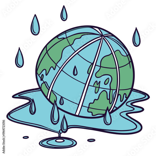 Melting earth globe with water droplets and puddle