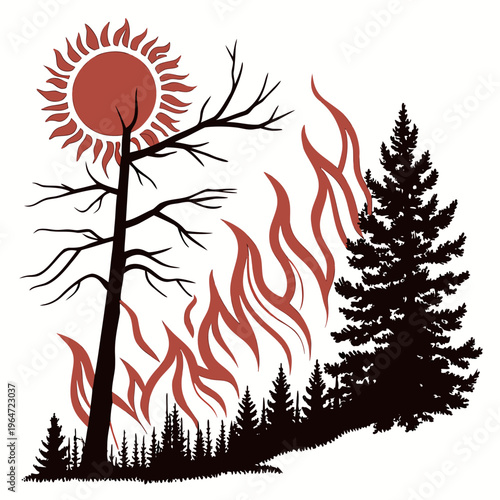 A dead tree on fire with a red sun and a green tree forest