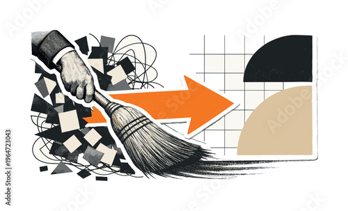 Vintage black and white hand holding a broom sweeping across the frame, left side filled with abstract geometric clutter blocks and tangled lines, right side