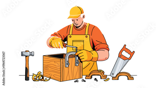 Craftsman at Work: A skilled artisan, clad in work attire, meticulously maneuvers a clamp on a wooden box, surrounded by tools of the trade, in a scene of focused craftsmanship.