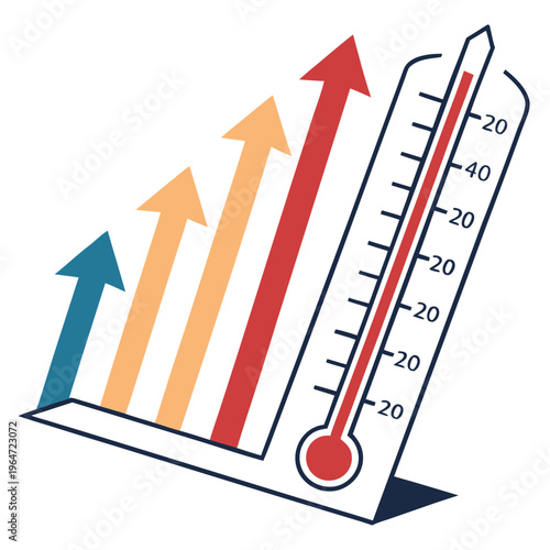 Rising temperature graph with thermometer and arrows climate change