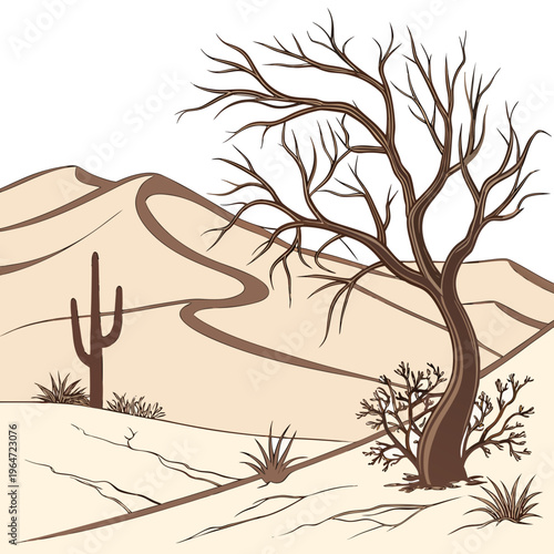 Desert landscape with a dead tree and cactus mountains sand
