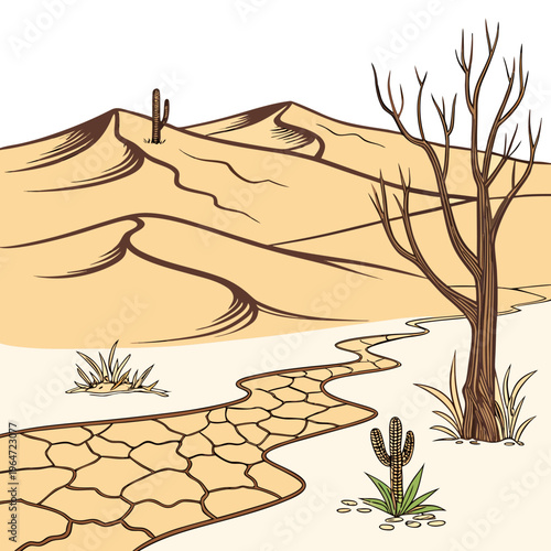 Dry desert landscape with a tree and cracked earth arid