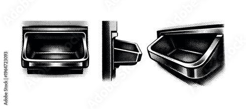 Vending machine dispensing tray A realistic vending machine dispensing tray opening shown in three views: front opening view, side depth view, and angled close