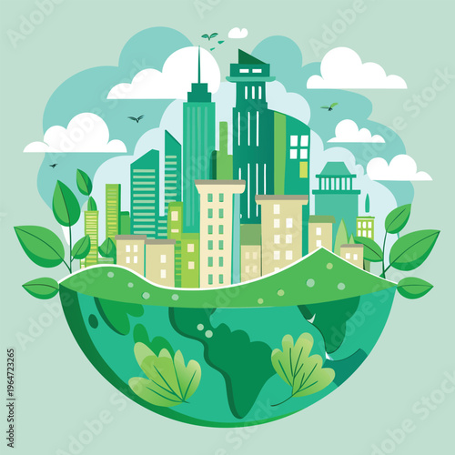 Green cityscape on a globe with leaves and clouds  ecofriendly urban landscape
