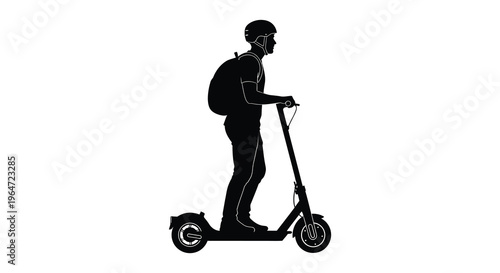 A person rides an electric scooter captured in a striking black silhouette against a white background high quality professional detailed modern