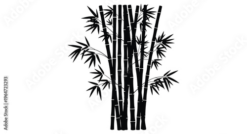 A striking black and white depiction of bamboo stalks and leaves against a white background rendered as a silhouette high quality