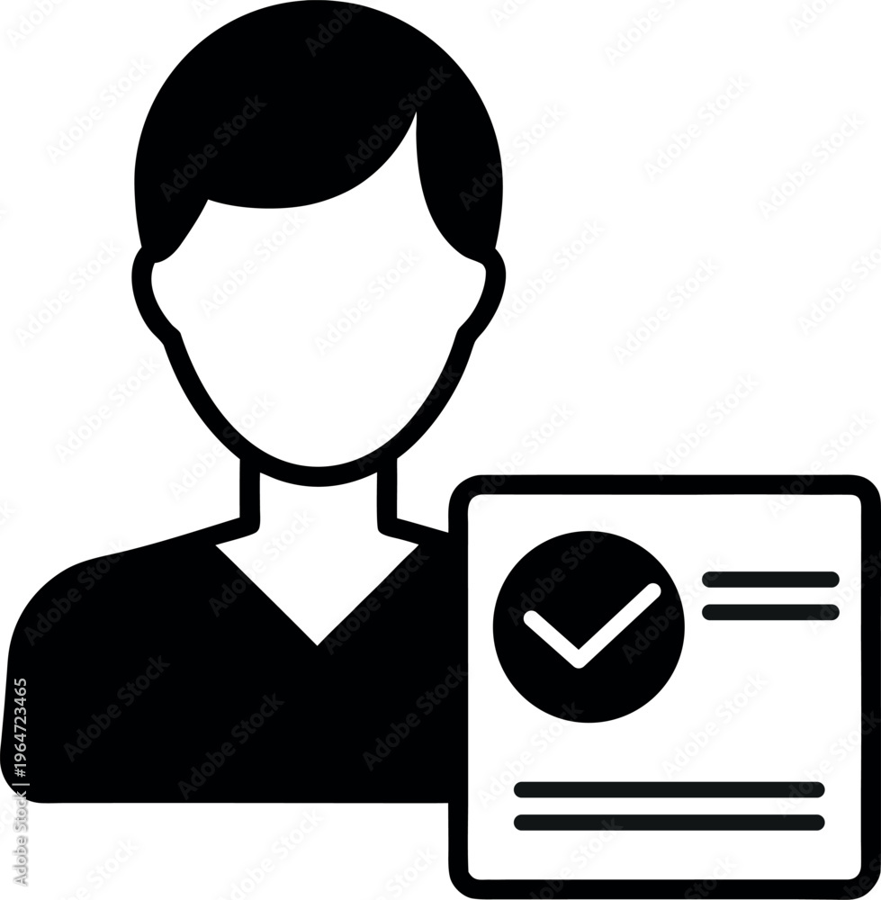 Obraz premium Simple black and white vector graphic illustration of a person profile next to a verified document or successful task completion card