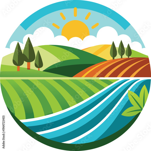 Cartoon landscape with rolling hills trees and river  environmental concept