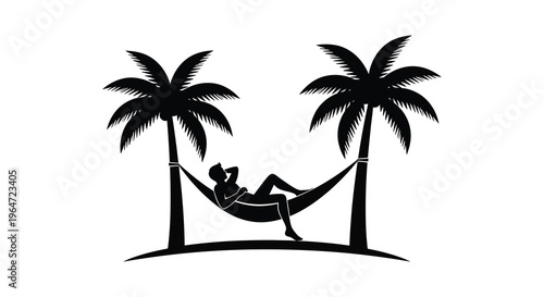 A peaceful scene depicts a person relaxing in a hammock between two palm trees a striking silhouette high quality professional detailed