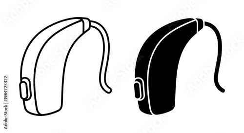 Hearing aid vector icons, medical assistive device for hearing loss, black and white digital ear amplifier symbols for audiology healthcare
