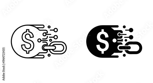 Blockchain finance icon set, digital dollar coin with chain link vector, cryptocurrency and fintech payment concept, black and white line art