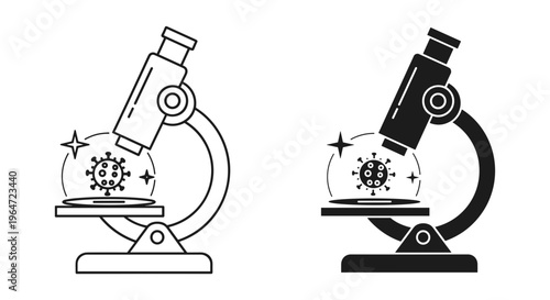 Microscope icons for virus research and laboratory analysis, scientific microscope vector set, medical lab equipment for microbiology studies