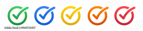 Multicolored gradient checkmark icon set, five step circular checklist progress and colorful validation vector infographic. Minimalist tick symbols for multi benefit product features and protection.