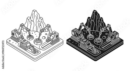 Isometric mining site vector illustration, heavy machinery excavators working at mountain quarry, industrial extraction scene in line art and solid black
