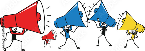 Colorful stick figures marching with megaphones in a whimsical illustration
