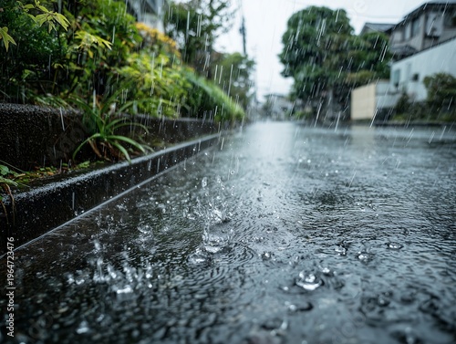 Obraz na płótnie 雨の日にアスファルトの地面へ激しく打ち付ける雨粒と水しぶきが印象的な住宅街の風景