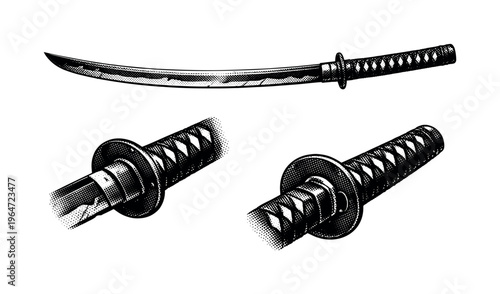 Samurai Sword ? battle-worn katana. A battle-worn samurai katana with subtle nicks, scratches, and slightly curved blade depicted as a single object shown in