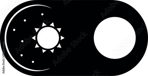 Simple vector graphic illustration of a user interface toggle switch, featuring distinct sun and moon icons for day and night modes.