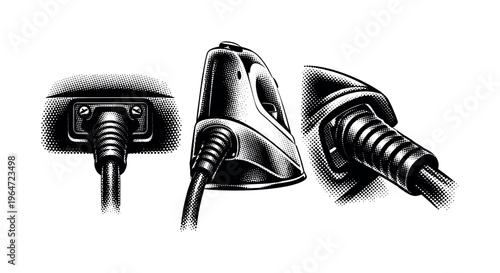 Iron cord connection A realistic iron power cord connection at the rear shown in three views: rear view, side view, and angled close perspective, emphasizing