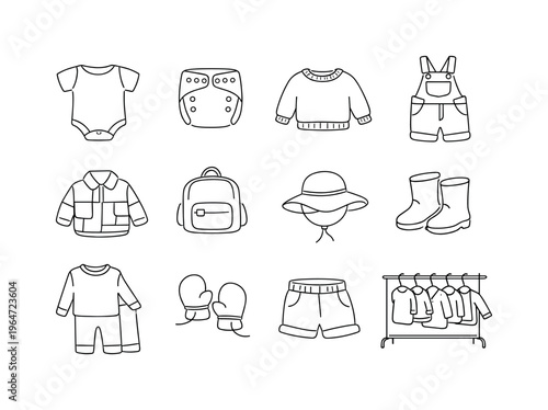 Eco-Friendly Kids Apparel. Minimalistic set one-line drawing bamboo fabric baby bodysuit, reusable cloth diaper, knitted toddler sweater, kids denim overalls,