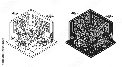 Isometric futuristic laboratory vector set, science fiction research facility with robots and drones, high-tech command center line art