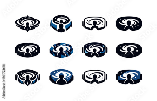 Exploring distant galaxies through virtual space experiences. Icon set. Set Logo of Exploring distant galaxies through virtual space experiences: spiral galaxy