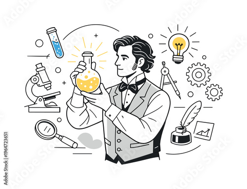 19th century science. A Victorian scientist in a waistcoat examining a glowing flask, simple instruments and gears floating nearby. A focused scene expressing