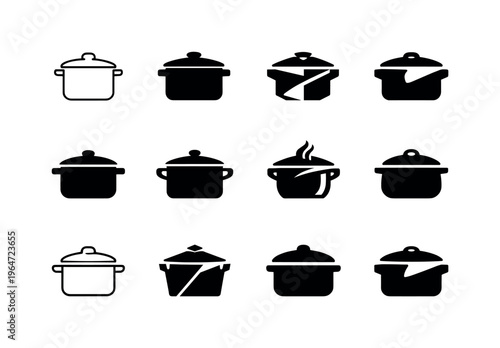 Pots. Icon set. Set Logo of Pots: cooking pot with lid. harmonious logo variations of the same emblematic concept, each with different artistic interpretation