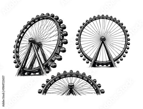 Ferris wheel rim and spoke detail. A realistic ferris wheel represented as a single object in three different views, concentrating on rim thickness, spoke