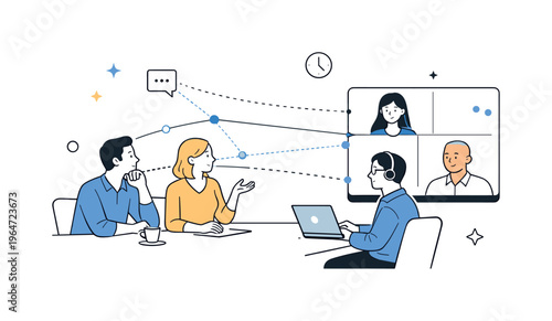 Hybrid meeting inequality overview. A meeting where some people sit together in a room while others appear on a screen, showing imbalance in presence and