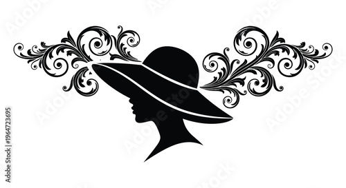 An elegant black silhouette of a woman wearing a wide brimmed hat framed by ornate floral swirls and designs silhouette high quality