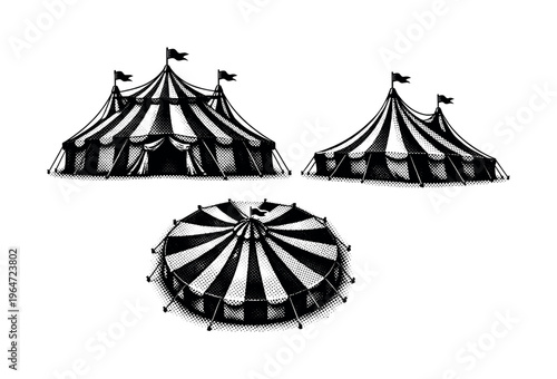 Circus tent full assembled form. A realistic circus tent displayed as one object in three different views, capturing the complete silhouette, peaked roof, and