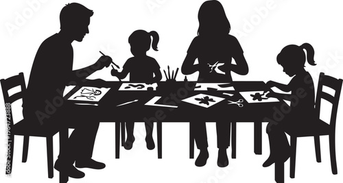 Family engaged in a creative art and craft activity at a table, fostering bonding and imagination