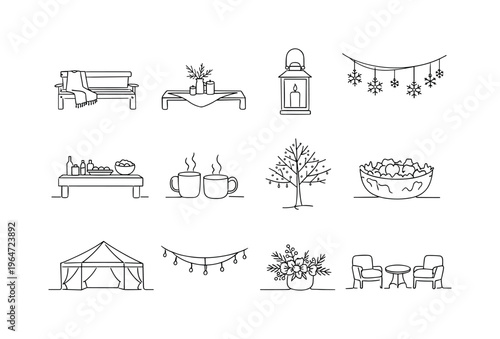 Snow-Kissed Garden Gathering. Minimalistic set one-line drawing garden bench with blanket, frosty table runner, lantern with candle, snowflake garland, outdoor